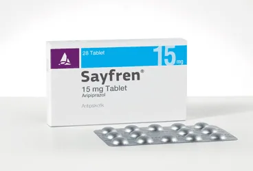 Aripiprazol içeren tablet: SAYFREN 15 MG 28 TABLET ürün ambalajı. Üretici: SANTA FARMA İLAÇ SAN. A.Ş.
