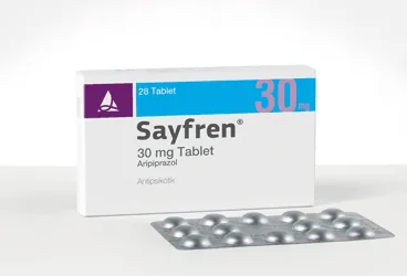 SAYFREN 30 MG 28 TABLET ürün ambalajı, tablet formunda aripiprazol içerir. Üretici: SANTA FARMA İLAÇ SAN. A.Ş.