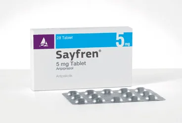 SAYFREN 5 MG 28 TABLET kutusu, tablet formunda aripiprazol içerir. Üretici: SANTA FARMA İLAÇ SAN. A.Ş.