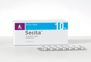 SECITA 10 MG FILM KAPLI TABLET (28 FILM KAPLI TABLET) ürün ambalajı. Essitalopram içeren film kaplı tablet. Üretici: SANTA FARMA İLAÇ SAN. A.Ş.