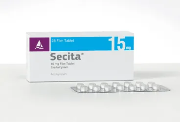 SECITA 15 MG FILM KAPLI TABLET (56 FILM KAPLI TABLET) ürün ambalajı. Essitalopram içeren film kaplı tablet. Üretici: SANTA FARMA İLAÇ SAN. A.Ş.