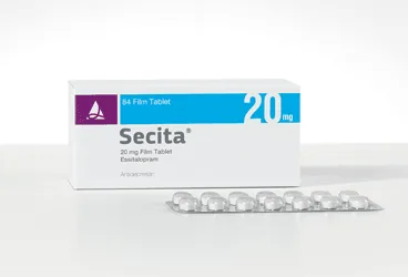 Essitalopram içeren film kaplı tablet: SECITA 20 MG FILM KAPLI TABLET (56 FILM KAPLI TABLET) ambalajı. Üretici: SANTA FARMA İLAÇ SAN. A.Ş.