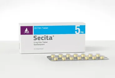 SECITA 5 MG FILM KAPLI TABLET (28 FILM KAPLI TABLET) ambalajı, film kaplı tablet formunda essitalopram içerir. Üretici: SANTA FARMA İLAÇ SAN. A.Ş.