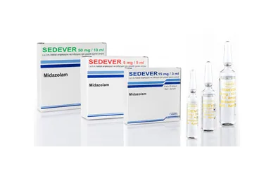 Midazolam içeren çözelti: SEDEVER 15 MG/3 ML IM/IV REKTAL ENJ. VE INF. ICIN COZELTI ICEREN 5 AMPUL ürün ambalajı. Üretici: HAVER FARMA İLAÇ ANONİM ŞİRKETİ.