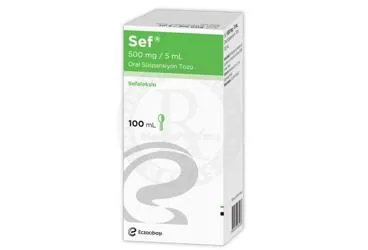 Sefaleksin monohidrat içeren oral süspansiyon: SEF 500 MG/5 ML ORAL SUSPANSIYON TOZU (1 SISE) ürün ambalajı. Üretici: EİP ECZACIBAŞI İLAÇ PAZARLAMA A.Ş.