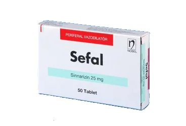 Sinnarizin içeren tablet: SEFAL 25 MG 50 TABLET ürün ambalajı. Üretici: NOBEL İLAÇ SAN. VE TİC. A.Ş.