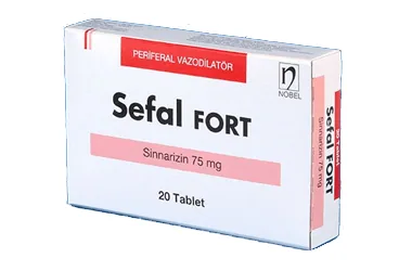 SEFAL FORT 75 MG 20 TABLET ambalajı, tablet formunda sinnarizin içerir. Üretici: NOBEL İLAÇ SAN. VE TİC. A.Ş.