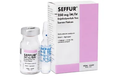 Sefuroksim içeren flakon: SEFFUR 250 MG IM ENJEKSIYONLUK TOZ ICEREN FLAKON ürün ambalajı. Üretici: TÜM - EKİP İLAÇ A.Ş.