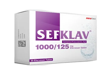SEFKLAV 1000/125 MG 20 EFERVESAN TABLET ürün ambalajı, efervesan tablet formunda sefaklor + klavunat içerir. Üretici: NEUTEC İLAÇ SANAYİ TİCARET ANONİM ŞİRKETİ.