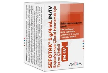 SEFOTAK 1 G/4 ML IM/IV ENJEKSIYONLUK COZELTI HAZIRLAMAK ICIN TOZ VE COZUCU kutusu, çözelti formunda sefotaksim sodyum içerir. Üretici: AVİXA İLAÇ SANAYİ VE TİCARET ANONİM ŞİRKETİ.