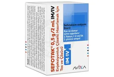 SEFOTAK 0.5 G/2 ML IM/IV ENJEKSIYONLUK COZELTI HAZIRLAMAK ICIN TOZ VE COZUCU (sefotaksim sodyum) kutusu, çözelti. Üretici: AVİXA İLAÇ SANAYİ VE TİCARET ANONİM ŞİRKETİ.