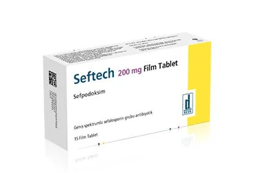 Sefpodoksim içeren film kaplı tablet: SEFTECH 200 MG 15 FILM TABLET kutusu. Üretici: DEVA HOLDİNG ANONİM ŞİRKETİ.