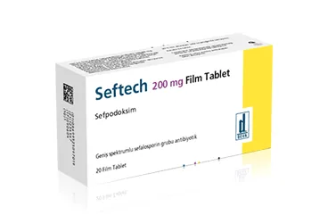 SEFTECH 200 MG 20 FILM TABLET kutusu. Sefpodoksim içeren film kaplı tablet. Üretici: DEVA HOLDİNG ANONİM ŞİRKETİ.