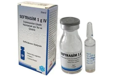 SEFTRASIM 1G IV ENJEKSIYONLUK COZELTI HAZIRLAMAK ICIN TOZ VE COZUCU (1 ADET) (seftriakson) kutu fotoğrafı, çözelti. Üretici: SM PHARMA İLAÇ SANAYİ LİMİTED ŞİRKETİ.