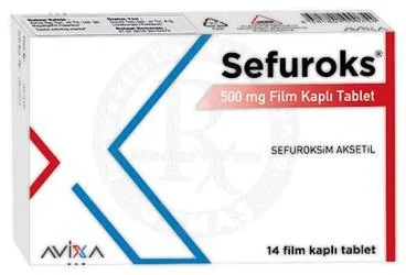 SEFUROKS 500 MG FILM KAPLI TABLET (14 TABLET) (sefuroksim) kutusu, film kaplı tablet. Üretici: AVİXA İLAÇ SANAYİ VE TİCARET ANONİM ŞİRKETİ.