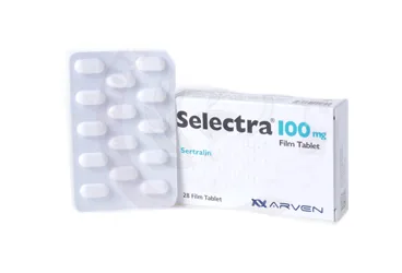 SELECTRA 100 MG FILM KAPLI TABLET (28 TABLET) ürün ambalajı, film kaplı tablet formunda sertralin içerir. Üretici: SANOVEL İLAÇ SANAYİ VE TİCARET ANONİM ŞİRKETİ.