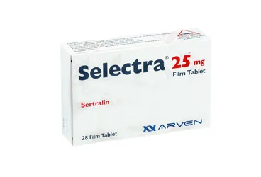 Sertralin içeren film kaplı tablet: SELECTRA 25 MG FILM KAPLI TABLET (28 TABLET) ambalajı. Üretici: SANOVEL İLAÇ SANAYİ VE TİCARET ANONİM ŞİRKETİ.