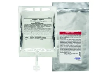 Siprofloksasin içeren çözelti: SELFLEKS CIPRASEL 400 MG/200 ML IV INFUZYON COZELTISI (1 PVC TORBA, 200 ML) ambalajı. Üretici: HAVER FARMA İLAÇ ANONİM ŞİRKETİ.
