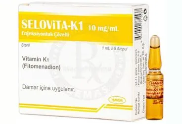 Vitamin k1 içeren çözelti: SELOVITA-K1 10 MG/ML ENJEKSIYONLUK COZELTI (5 ADET) ambalajı. Üretici: HAVER FARMA İLAÇ ANONİM ŞİRKETİ.