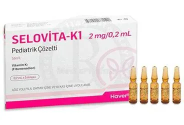 SELOVITA-K1 2 MG/0,2 ML PEDIATRIK COZELTI (5 ADET) ürün ambalajı, çözelti formunda vitamin k1 içerir. Üretici: HAVER FARMA İLAÇ ANONİM ŞİRKETİ.