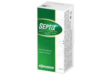 SEPTIX 2 MG/ML + 0,5 MG/ML LIMON AROMALI ORAL SPREY, COZELTI (30 ML) kutusu, çözelti formunda klorheksidin kombinasyonları içerir. Üretici: WORLD MEDICINE İLAÇ SAN. VE TİC. A.Ş.