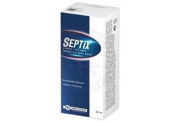 SEPTIX 2 MG/ML + 0,5 MG/ML MENTOLLU ORAL SPREY, COZELTI (30 ML) ambalajı, çözelti formunda klorheksidin kombinasyonları içerir. Üretici: WORLD MEDICINE İLAÇ SAN. VE TİC. A.Ş.