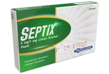 SEPTIX 5 MG/1 MG LIMON AROMALI PASTIL (20 PASTIL) ambalajı. Etkin maddesi klorheksidin kombinasyonları. Üretici: WORLD MEDICINE İLAÇ SAN. VE TİC. A.Ş.