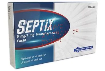 SEPTIX 5 MG/1 MG MENTOL AROMALI PASTIL (20 PASTIL) ambalajı. Etkin maddesi klorheksidin kombinasyonları. Üretici: WORLD MEDICINE İLAÇ SAN. VE TİC. A.Ş.