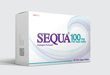 SEQUA 100 MG 30 FILM TABLET ürün ambalajı. Ketiapin içeren film kaplı tablet. Üretici: NEUTEC İLAÇ SANAYİ TİCARET ANONİM ŞİRKETİ.