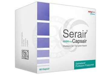 Salmeterol + flutikazon içeren inhalasyon aerosolü: SERAIR 50/250 MCG CAPSAIR INHALASYON ICIN TOZ ICEREN 60 KAPSUL ürün ambalajı. Üretici: NEUTEC İNHALER İLAÇ SANAYİ VE TİCARET ANONİM ŞİRKETİ.
