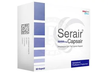 SERAIR 50/500 MCG CAPSAIR INHALASYON ICIN TOZ ICEREN 60 KAPSUL kutusu, inhalasyon aerosolü formunda salmeterol + flutikazon içerir. Üretici: NEUTEC İNHALER İLAÇ SANAYİ VE TİCARET ANONİM ŞİRKETİ.