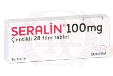 SERALIN 100 MG 28 ÇENTİKLİ FİLM TABLET (sertralin) ambalajı, film kaplı tablet. Üretici: SANOFİ İLAÇ SANAYİ ve TİC. A.Ş.