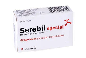 SEREBIL SPECIAL 80 MG 30 FILM KAPLI TABLET ambalajı, film kaplı tablet formunda ginkgo biloba ekstresi içerir. Üretici: KOÇAK FARMA İLAÇ VE KİMYA SANAYİ A.Ş.