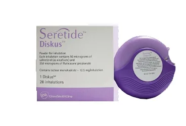 Salmeterol + flutikazon içeren SERETIDE 250 MCG 60 DOZ DİSKUS ürün ambalajı. Üretici: GLAXOSMİTHKLİNE İLAÇLARI SAN. VE TİC. A.Ş.