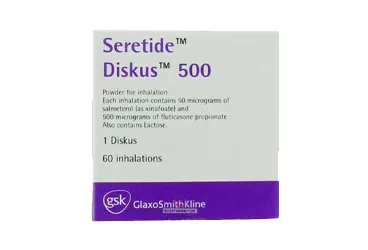 Salmeterol + flutikazon içeren SERETIDE 500/50 MCG 60 DOZ DISKUS ürün ambalajı. Üretici: GLAXOSMİTHKLİNE İLAÇLARI SAN. VE TİC. A.Ş.