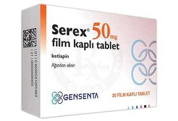 SEREX 50 MG FILM KAPLI TABLET (30 FILM KAPLI TABLET) (ketiapin) ürün ambalajı, film kaplı tablet. Üretici: GENSENTA İLAÇ SANAYİ VE TİCARET ANONİM ŞİRKETİ.