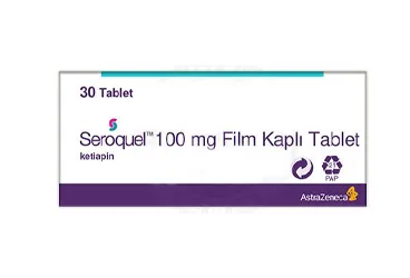 SEROQUEL 100 MG 30 FİLM TABLET ambalajı. Ketiapin içeren film kaplı tablet. Üretici: ASTRAZENECA İLAÇ SAN.VE TİC.LTD.ŞTİ.