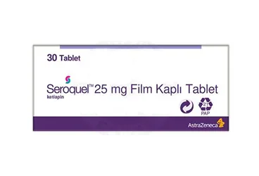 SEROQUEL 25 MG 30 FILM TABLET kutusu. Ketiapin içeren film kaplı tablet. Üretici: ASTRAZENECA İLAÇ SAN.VE TİC.LTD.ŞTİ.