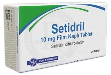 SETIDRIL 10 MG FILM KAPLI TABLET (20 FILM TABLET) kutusu. Setirizin içeren film kaplı tablet. Üretici: WORLD MEDICINE İLAÇ SAN. VE TİC. A.Ş.