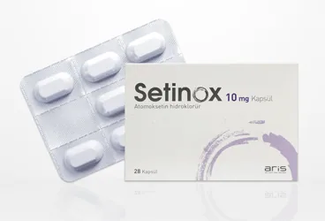 SETINOX 10 MG KAPSUL (28 KAPSUL) kutusu. Atomoksetin hcl içeren kapsül. Üretici: ALİ RAİF İLAÇ SANAYİ A.Ş.