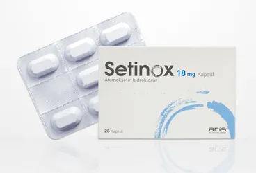 SETINOX 18 MG KAPSUL (28 KAPSUL) kutu fotoğrafı. Atomoksetin hcl içeren kapsül. Üretici: ALİ RAİF İLAÇ SANAYİ A.Ş.
