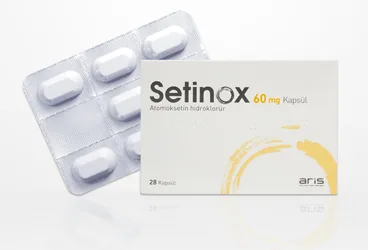 SETINOX 60 MG KAPSUL (28 KAPSUL) ürün ambalajı, kapsül formunda atomoksetin hcl içerir. Üretici: ALİ RAİF İLAÇ SANAYİ A.Ş.
