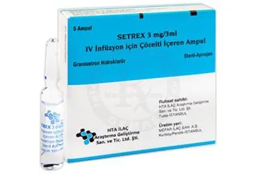 SETREX 3MG/3ML IV INFUZYON ICIN COZELTI ICEREN AMPUL (5 AMPUL) (granisetron) kutu fotoğrafı, çözelti. Üretici: HTA İLAÇ ARAŞTIRMA GELİŞTİRME SANAYİ VE TİCARET LİMİTED ŞİRKETİ.