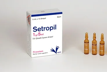 SETROPIL 1 GR / 5 ML IV COZELTI ICEREN 12 AMPUL ürün ambalajı. Pirasetam içeren çözelti. Üretici: VEM İLAÇ SAN. VE TİC. ANONİM ŞİRKETİ.