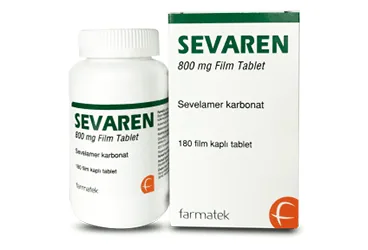 SEVAREN 800 MG 180 TABLET kutusu. Sevelamer hidroklorür içeren tablet. Üretici: FARMA-TEK İLAÇ SANAYİ VE TİCARET A.Ş.