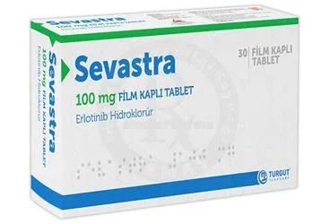 Erlotinib içeren film kaplı tablet: SEVASTRA 100 MG FILM KAPLI TABLET kutu fotoğrafı. Üretici: TURGUT İLAÇLARI A.Ş.