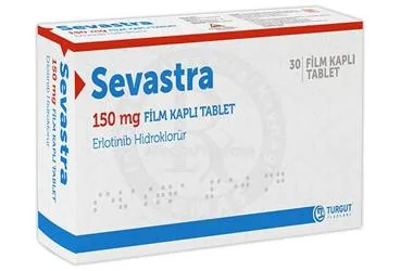 Erlotinib içeren film kaplı tablet: SEVASTRA 150 MG FILM KAPLI TABLET ambalajı. Üretici: TURGUT İLAÇLARI A.Ş.