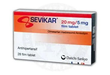 SEVIKAR 20/5 MG 28 FILM TABLET ambalajı. Olmesartan + amlodipin içeren film kaplı tablet. Üretici: DAIICHI SANKYO İLAÇ TİCARET LİMİTED ŞİRKETİ.