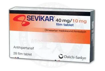 SEVIKAR 40/10 MG 28 FILM TABLET ambalajı. Olmesartan + amlodipin içeren film kaplı tablet. Üretici: DAIICHI SANKYO İLAÇ TİCARET LİMİTED ŞİRKETİ.
