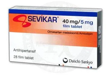 SEVIKAR 40/5 MG 28 FILM TABLET ambalajı. Olmesartan + amlodipin içeren film kaplı tablet. Üretici: DAIICHI SANKYO İLAÇ TİCARET LİMİTED ŞİRKETİ.